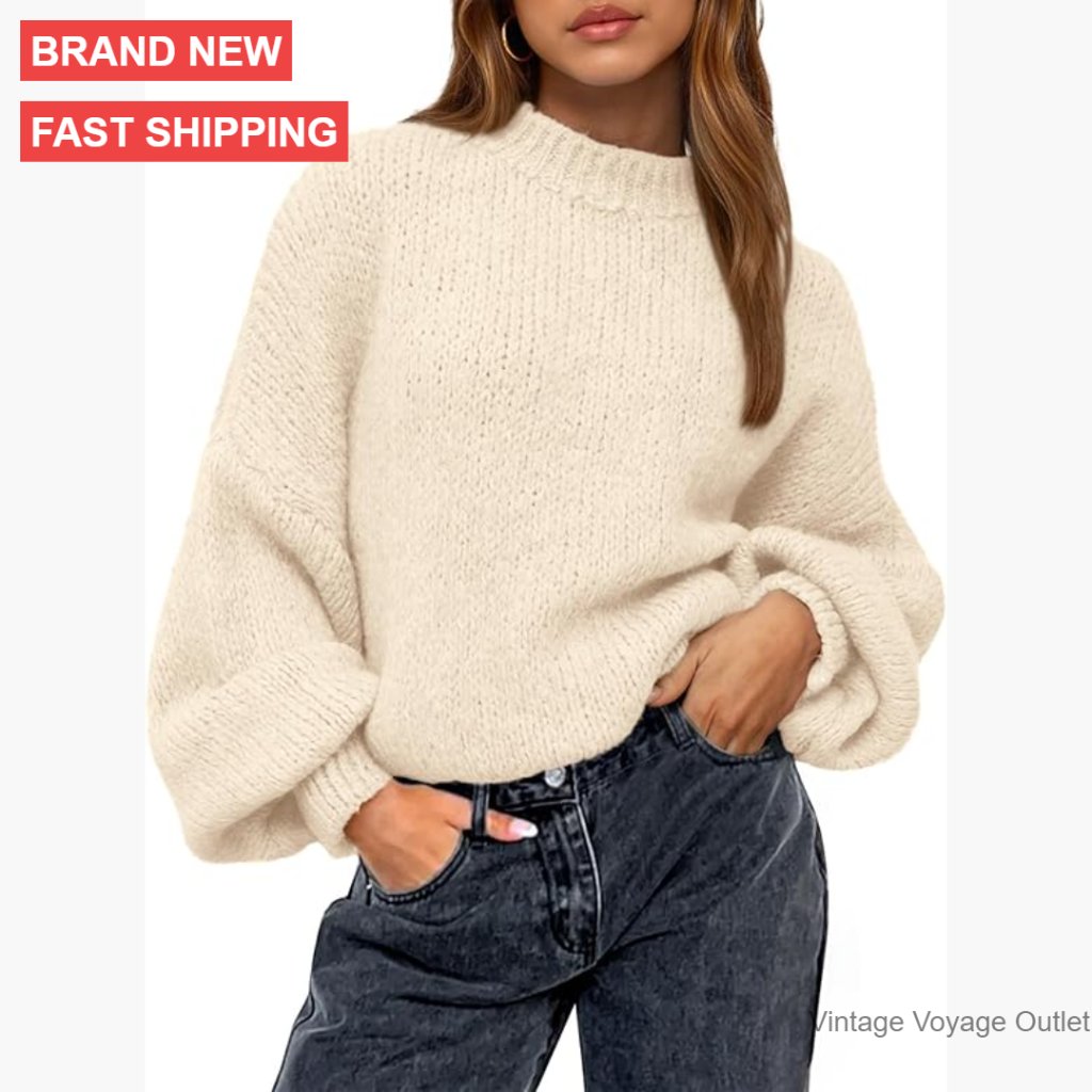 Oversized Lantern Sleeve Pullover Sweater, Crew Neck, Knit Winter Top
